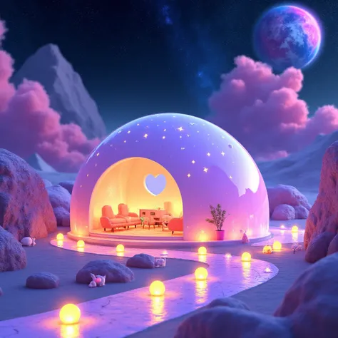 An ethereal pastel moon base set against a vast cosmic landscape. The base comprises a translucent bubble-like dome in hues of lavender, baby pink, and mint green, glowing softly under a vibrant night sky filled with galaxies, nebulae, and sparkling conste...