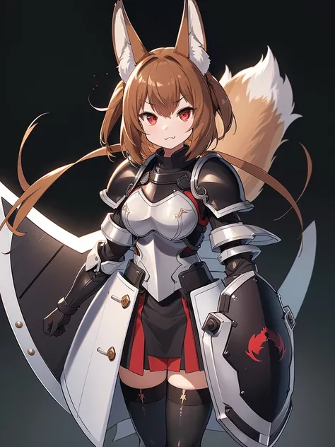  black background with spotlights、kishi-v2(A knight with a black and evil 々 shield、I can see the fangs、Double teeth、Wear armor ,  Beige Hair 、 Red Eyes,  1 girl),　I put on black tights、  1 girl, in ,  fox girl, in female,  fox ears,  animal ears  , Nazuna_...