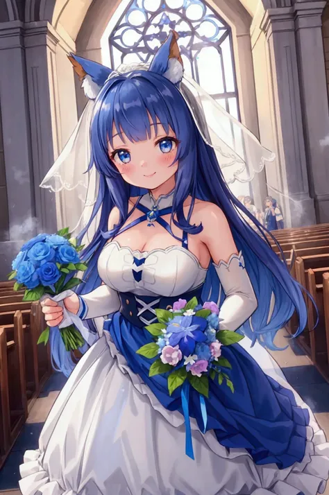 girl,Uma Musume,blue flower shower,smile,navy blue  dress,wedding dress,church