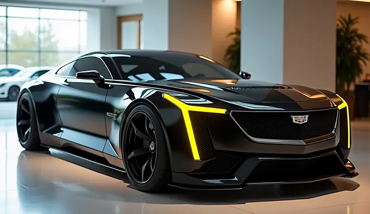 Create a 3d render  car design  lift style  front end side2025 Cadillac CT5  front end side lift  style black clour with a “2025 Cadillac CT5   front end side lift right ” logo on back.  “” on its   lift style . and. Headlights“in pure glossy yellow with u...