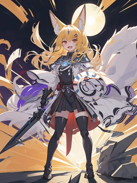  black background with spotlights、kishi-v2(A knight with a black and evil 々 shield、I can see the fangs、Double teeth、Wear armor ,  Beige Hair 、 Red Eyes,  1 girl),　I put on black tights、  1 girl, in ,  fox girl, in female,  fox ears,  animal ears  , Nazuna_...