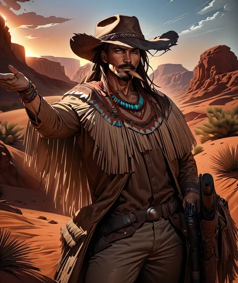 A cowboy with with super power. He rides a beautiful wild mustang fire horse and holds his hat with one hand. He has a wheat cigar in his mouth. The outfit is mostly brown and has Cheyenne ornaments. The torn outfit consists of a traditional PONCHO. A brow...