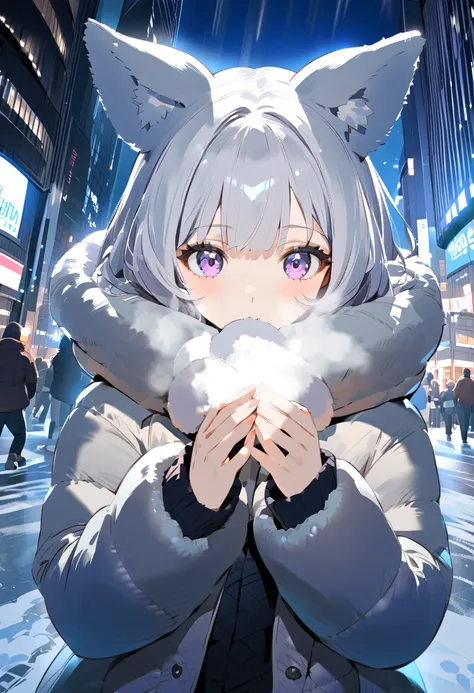 girl with dog ears， silver-haired，In the city，Beautiful city night view，snow，Breathing in both hands to keep them warm， excitement 