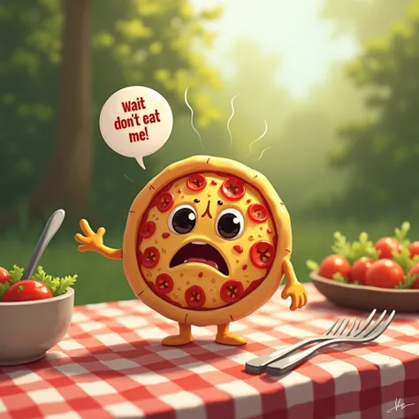 " A small pizza with big eyes and an adorable expression .  He has thin arms and legs ,  and he looks a little worried as he exclaims : Wait ,  dont eat me !.  The background shows a picnic table with utensils and a fun salad that seems to be watching him....