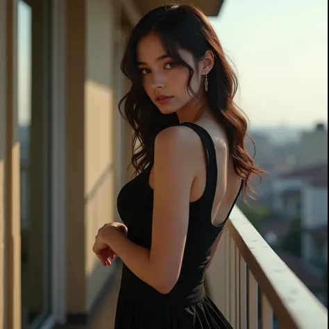 young girl, girl with dark brown hair she has huge tits, have swollen tits perfect female body big breast perfect female body, big breasts she leans against the balcony railing. she stands backwards in an elegant black dress with a cutout at the back(photo...