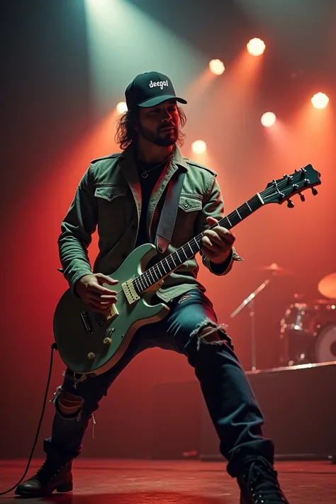 Handsome looking Indonesian man wearing ripped jeans wearing baseball cap inscribed dhegol wearing boots wearing army look jacket playing Gibson electric guitar on a concert stage and cameras from under the stage