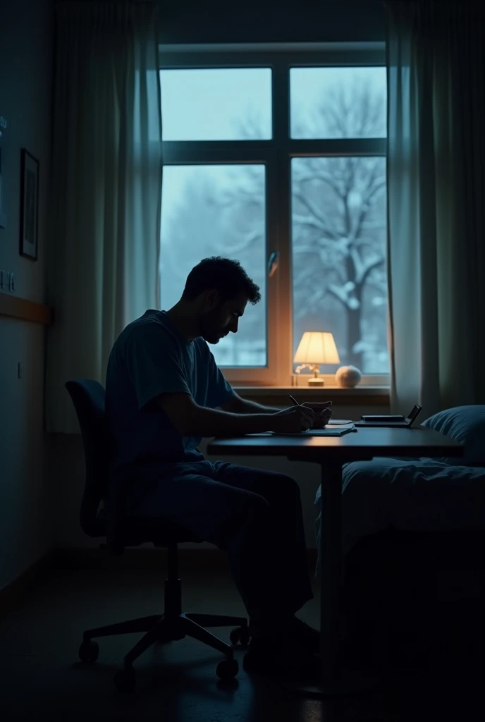 silhouette of a lonely man in a hospital room writing something at a table.  faces are not visible, dark. winter outside the window and a blizzard . Night.  the lamp on the table is dimly burning .  a man wearing hospital clothes .