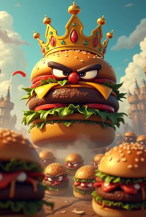 Ok now make a picture of the same burger but he has a crown and an army of angry burgers