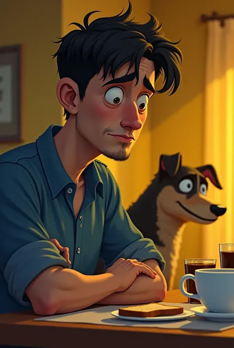  A man with black hair and a blue shirt sighs , But the man with American features while cleaning the table .  The table must have a cup of coffee watered down and a piece of toast thrown away His dog appears in the background with a suspicious look ,  on ...