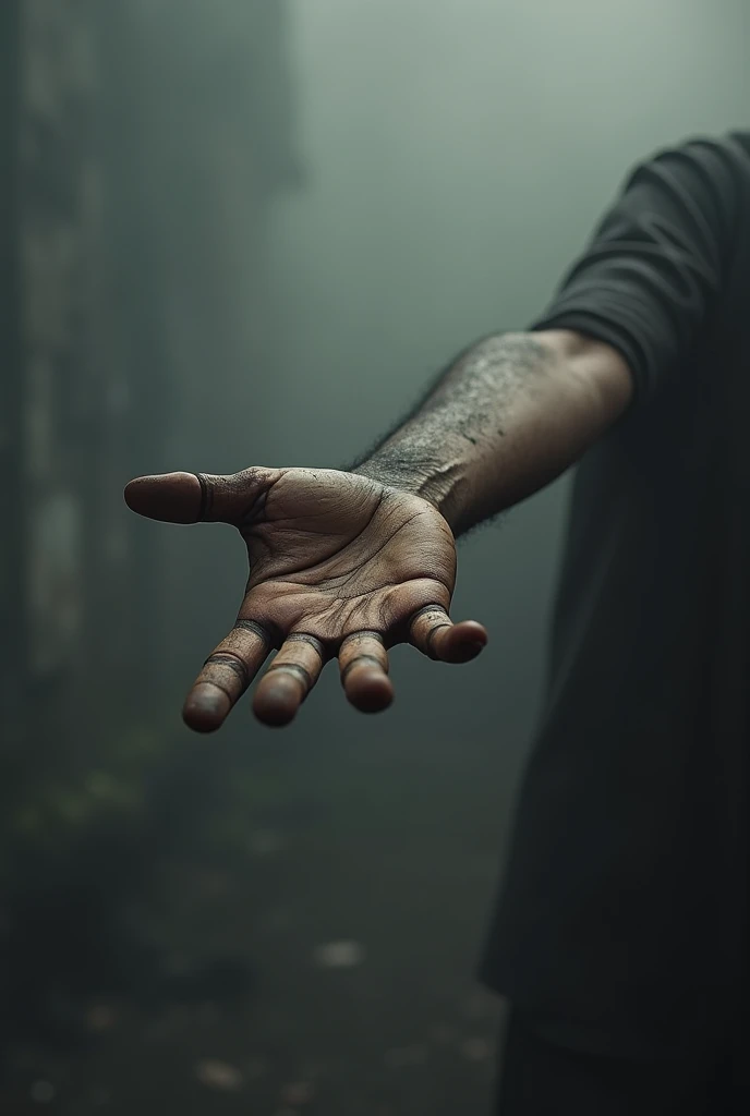  A dirty brown arm extending horizontally ,  Of a beggar ,  with a smoky gray background  