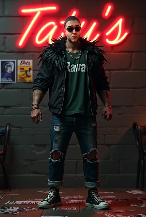 Man 30 years old,  shaved hair on the sides of the 2 toupee , feather jacket black ,  dark green t-shirt written Raval ,  ripped jeans ,  sneakers Nike dunk low dark green color ,  right hand bloody closed cuff  ,  open left hand ,  posters and photos on t...