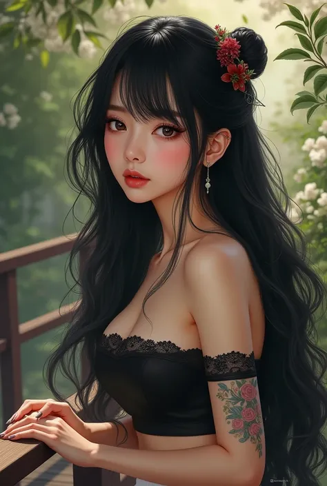 HD quality, Ultra 4K,  Super Detailed,  masterpiece, illuminated realistic , goddess,  Semirealistic soft-style drawing of a Korean woman ,  fluffy long black hair with very detailed fringe ,  fluffy hair ,  shiny dark eyes with lots of detail ,  long eyel...