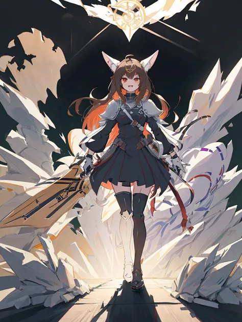  black background with spotlights、kishi-v2(A knight with a black and evil 々 shield、I can see the fangs、Double teeth、Wear armor ,  Beige Hair 、 Red Eyes,  1 girl),　I put on black tights、  1 girl, in ,  fox girl, in female,  fox ears,  animal ears  , Nazuna_...