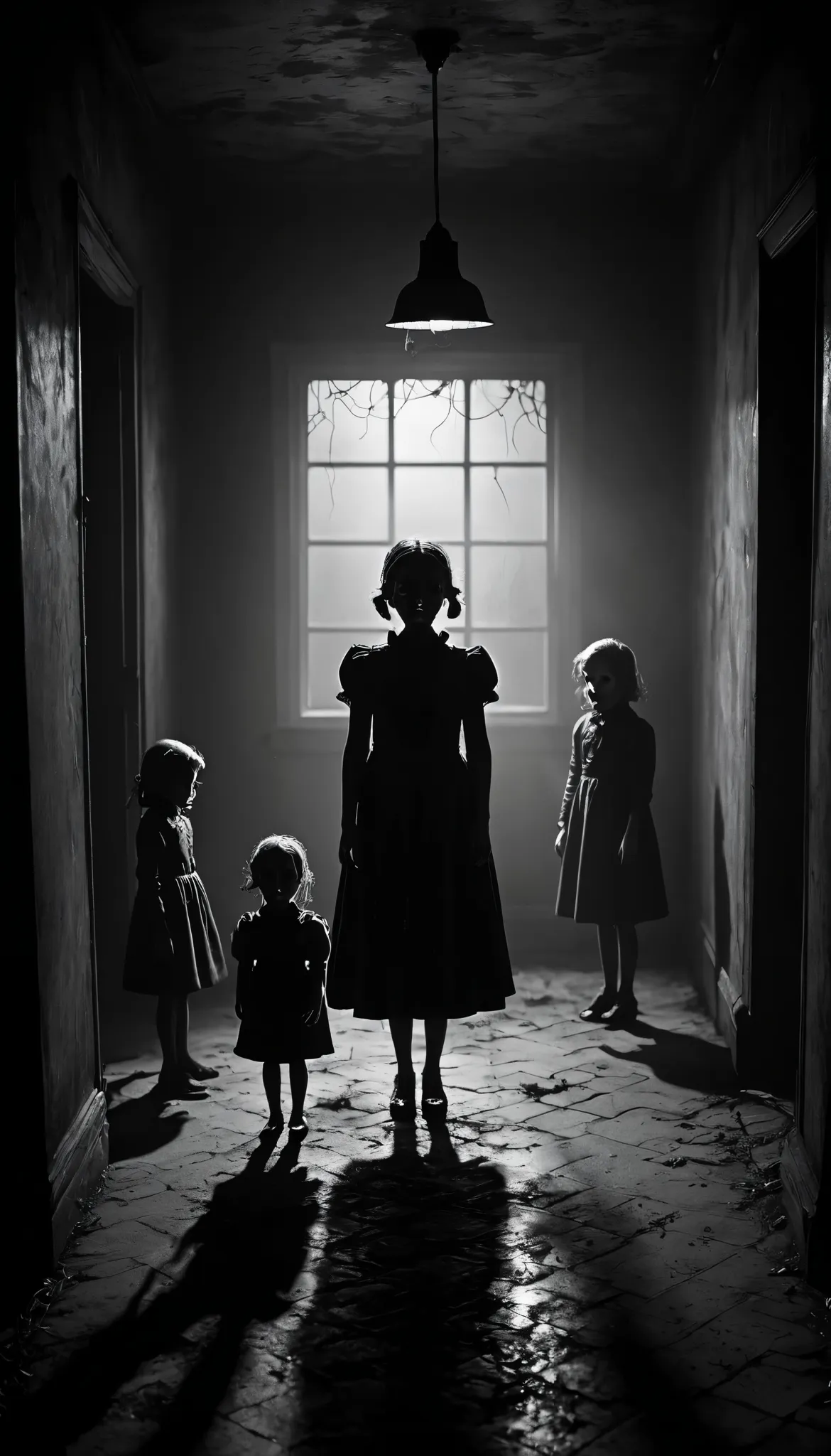 create a creepy and suspenseful image featuring small, frightened figures. place these figures in a dark and eerie setting, with...