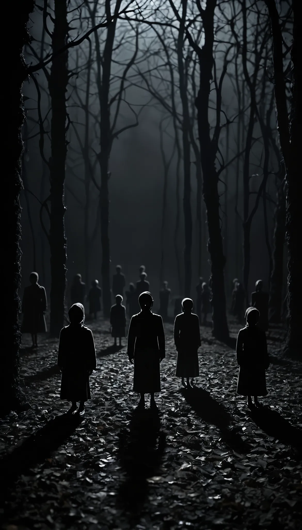 create a creepy and suspenseful image featuring small, frightened figures. place these figures in a dark and eerie setting, with...