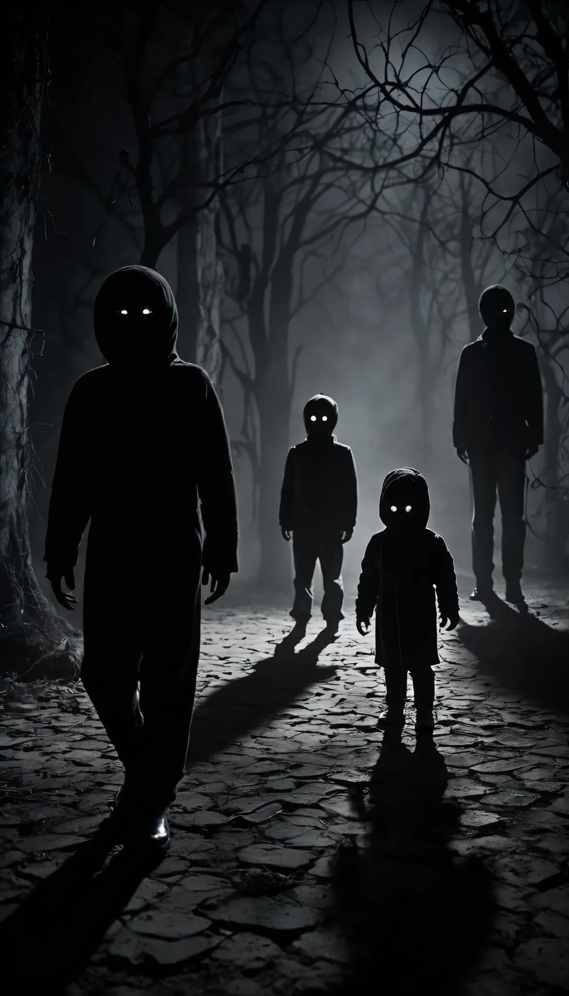 create a creepy and suspenseful image featuring small, frightened figures. place these figures in a dark and eerie setting, with...