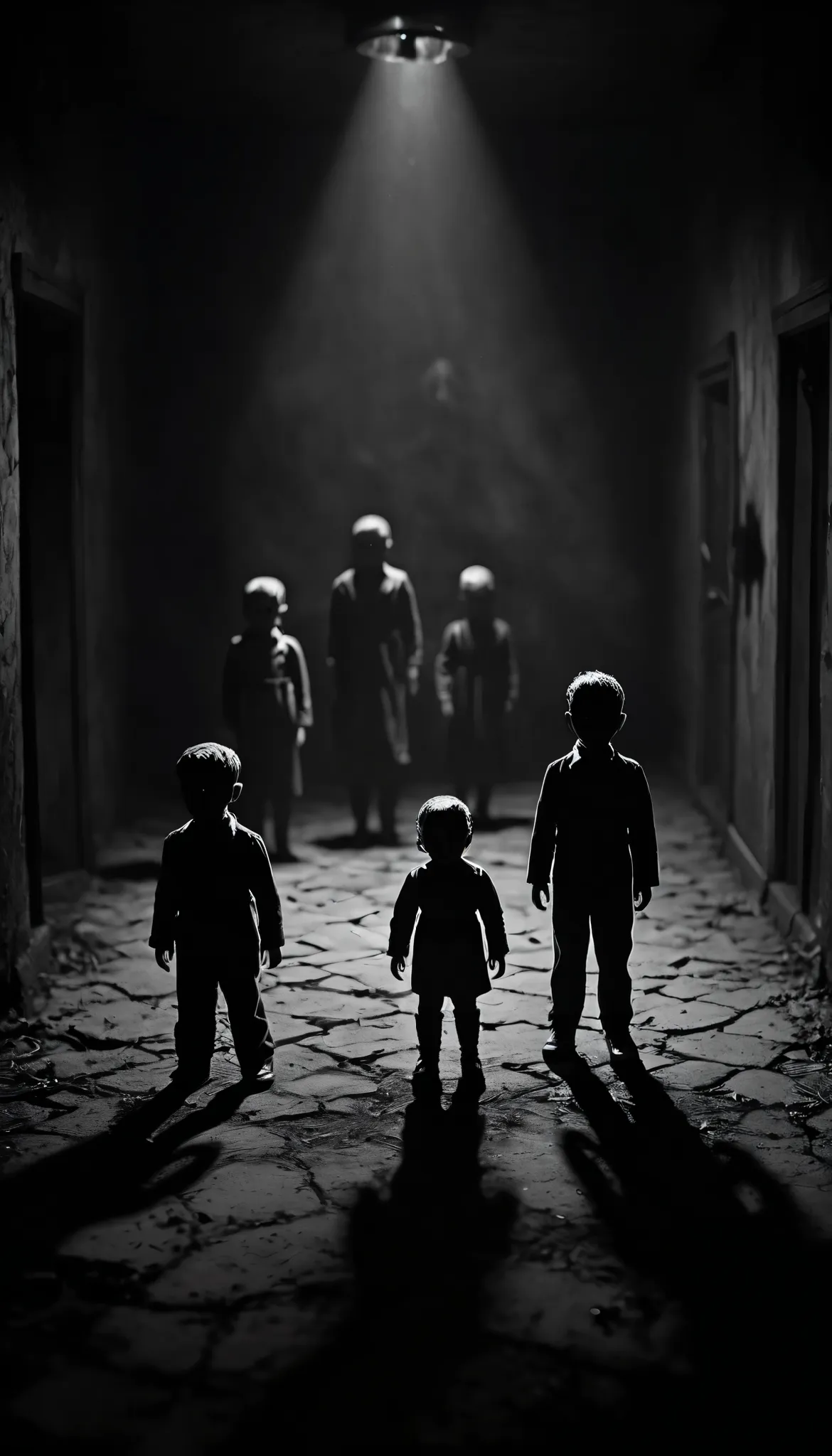 create a creepy and suspenseful image featuring small, frightened figures. place these figures in a dark and eerie setting, with...