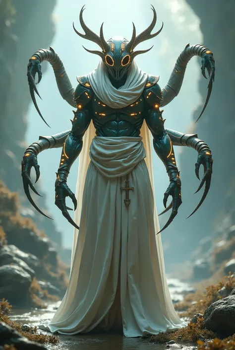 A humanoid thri-kreen from Dungeons and Dragons that visually resembles a praiser with an armor-like shell, 4 arms. wearing protection glasses, and white robes covering his body