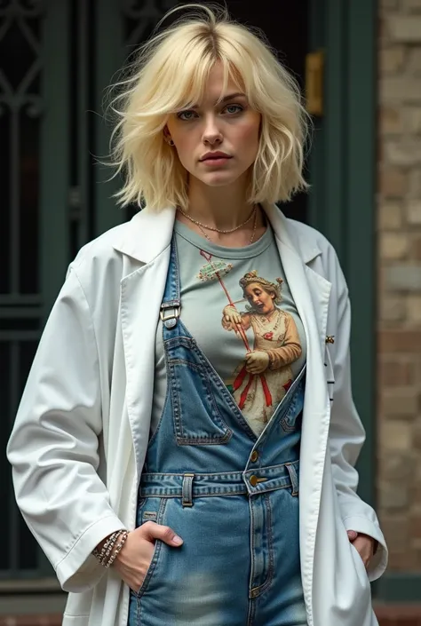 A full-blond haired woman in a sloppy Chanel haircut wearing a ufology shirt with a denim jumpsuit over rainbow stems and a white doctors coat 