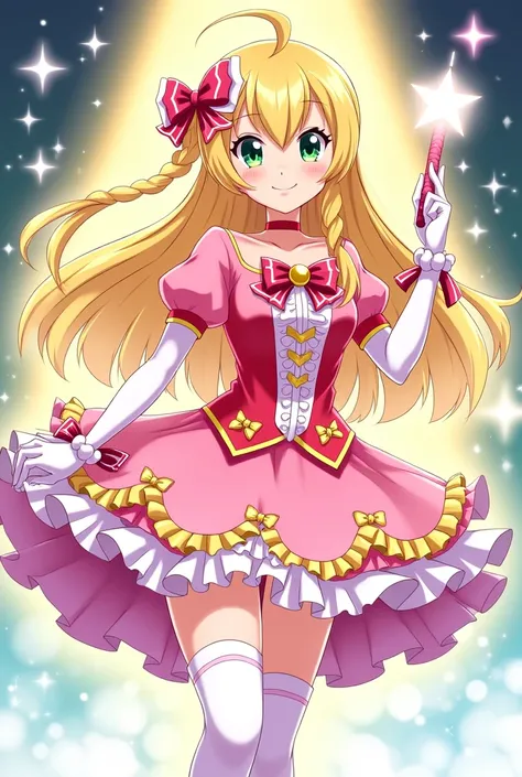 Pretty Cure: 1.5, Cure-Burst, illustration of Magical Girl. The characters wear gorgeous costumes with brightly colored frills and ribbons, and have a shining magic wand in their hands. She poses with an energetic smile, and magical light and star effects ...