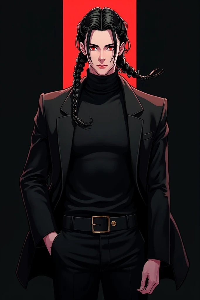 black anime style male character with braids in black outfit