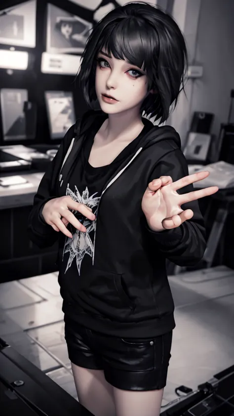 Maxine Caufield, 1-person, black lipstick, eyeliner, eye shadow, mascara, smoky eyes, black lips, natural lighting, black lips, sweatshirt, sweetheart, realistic, perfect, excellent quality, high definition, RAW, hood-up, concealed identity, tired eyes, ba...