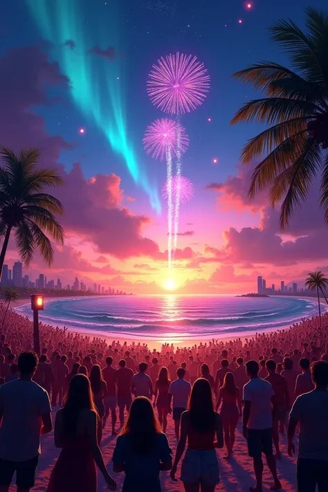 A beach with concerts and light in the sky