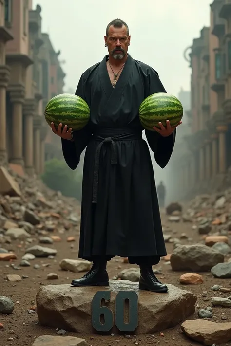 Steven Seagal avec son bouc au visage en kimono noir . Il se tient debout fièrement le pied droit posé sur un rocher sur lequel on peut lire le chiffre 60 . Il est au milieux d un champ de bataille en ruine et il tient une pasteque dans chaque main