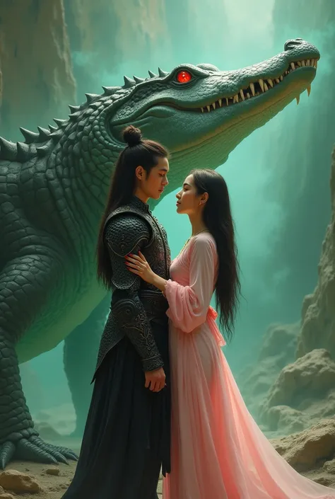 Oil painting, very realistic, a male and female couple, a handsome and cute Thai man with long hair, a sweet and beautiful Thai woman, a woman wearing a light pink Thai dress, a man wearing black crocodile scale leather armor, both have long hair, backdrop...