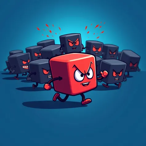  Create a game logo featuring a cartoon character from a red cube with expressive eyes on a blue background.  The cube character must be positioned ,  to create a sense of action and movement ,  lines as if hes running away from the crowd of dark ,  evil b...