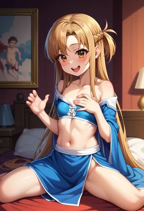 (( best quality)), ((masterpiece)), (be familiar with),  perfect face, indoor, bedroom,  watching viewers ,
One woman,  Asuna Yuki,
 characters with open mouth ,  ecstatic expression with hands in front of body, blush, smile,
Small breasts,  flat chested, ...