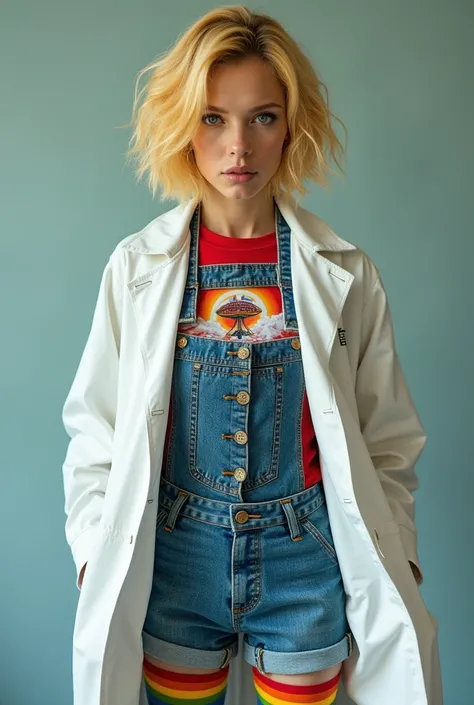 A full-blond haired woman in a sloppy Chanel haircut wearing a ufology shirt with a denim jumpsuit over rainbow stems and a white doctors coat 