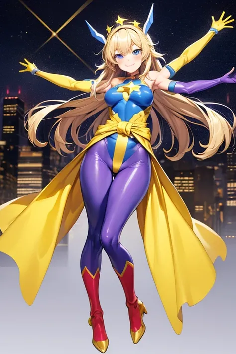 ((best quality)), ((masterpiece)), (detailed), 1 girl, Full body, 1, Smiling face, Blue eyes, Star-shaped tiara, Arms outstretched, Arms behind waist, Blue superhero mask, Blushing, Blonde hair, Straight hair, Long hair, Bangs, Hair ornaments, Star hair or...