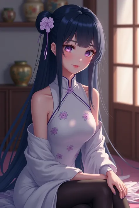 Realism, female, Asian woman, pale skin, very detailed, light lavender glowing eyes, dark blue long hair, soft bangs, plump pink lips, white sleeveless qipao with pastel purple designs, black stockings, sitting on a traditional Japanese living room, warm c...