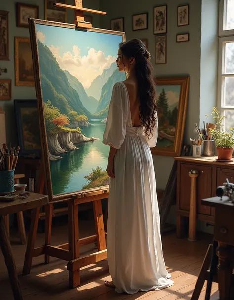 (masterpiece), (best quality), 1girl, perfect body, whole sexy body, photography, long curvy hair, Hanfu, opened clothes, the girl is standing in front of an oil painting in the art school painted with vivid colors, the surrounding scene is an art gallery ...