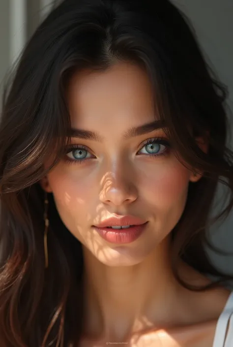 visage fille de 19 ans , latina ,  dark blue almond eyes , dark brown hair  , Heart-shaped face  , fine nose ,  luscious and symmetrical lip , lashes with a bit of mascara  , bronze