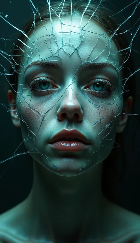 
 A human face made of cracked glass , but still intact . Behind the glass,  shadows dance as if they were repressed emotions trying to escape.  The expression on the face is serene ,  but the eyes show deep sadness .
