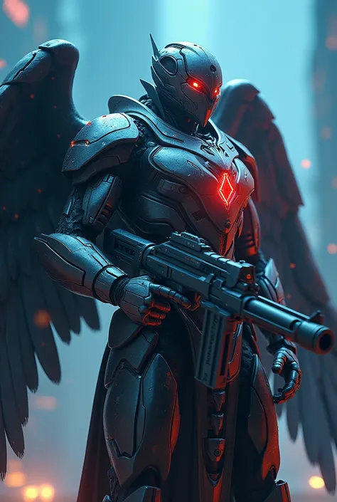 A highly detailed 3D render of Esso Posser, a futuristic hero wearing Falcon Armor wings, holding a powerful gun cannon, against a core blue background, cinematic lighting, epic scene, intricate mechanical details, photorealistic, 4k, (best quality,8k,high...