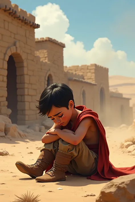 "  A  fallen on the dusty ground, tears in his eyes, while the distant sound of a battle echoes in the background., with stone houses and barren landscapes typical of King David’s era..” Stilo Disney pixar cartoon