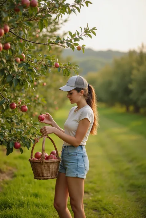  Woman in a t-shirt and shorts in summer,  long hair in a ponytail , baseball cap on her head ,  standing by an apple tree ,  collects apples in a basket .