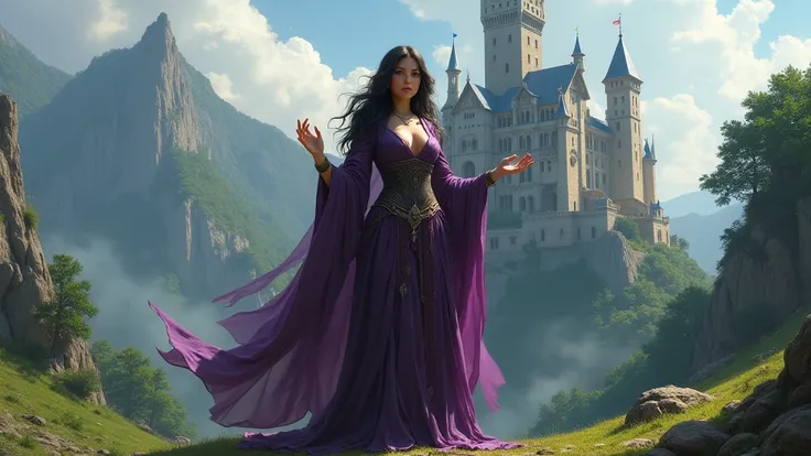 Fantasy medieval castle. woman magician, cleavage, legs