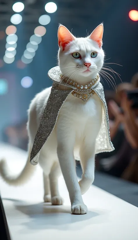 1. General Description

A white cat confidently walking on a fashion runway, embodying grace and elegance.



---

2. Cat Features

Sleek, glossy white fur that glows under the runway lights.

Piercing blue or green eyes, exuding a sense of poise and chari...