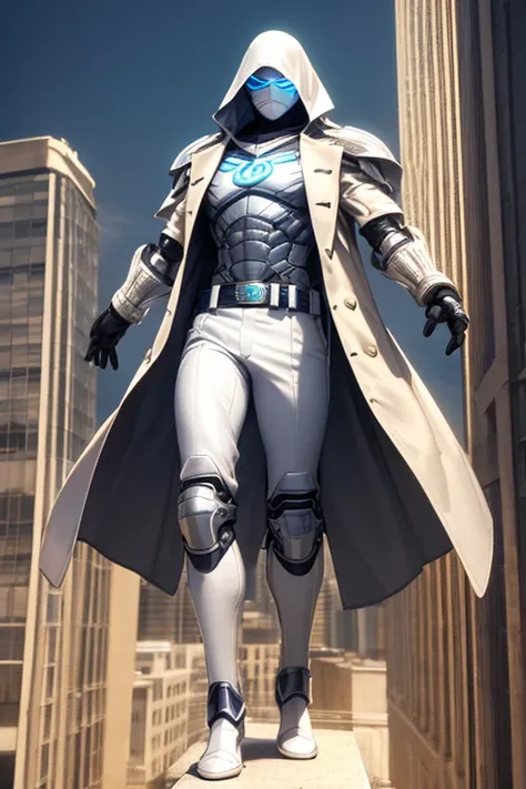 ((best quality)), ((masterpiece)), (detailed), 1 boy in a trench coat standing on a building, full body, 19 years old, masked, white mask covering his entire head and hair, 3d glasses, blue eyes, face mask, no hair, tall and slender, long beige trench coat...