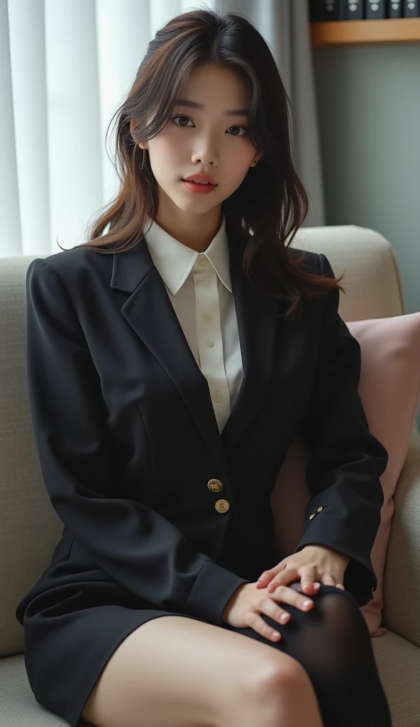 （  photorealism  ：1.2）、23 year old Japanese model  ；Thick legs、 Female bank employee in uniform   、23 year old beauty、Business Uniforms、   I bend one leg at my office desk   、  Im down to bed 、Stretch your legs  。 wear rich black high socks   、  The finger...