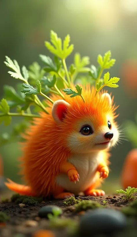 Here’s an enhanced and detailed prompt for a hybrid of a carrot and a hedgehog:

"Create a stunning hybrid creature that combines the spiky texture of a hedgehog with the vibrant orange and leafy features of a carrot. The creatures body is predominantly a ...