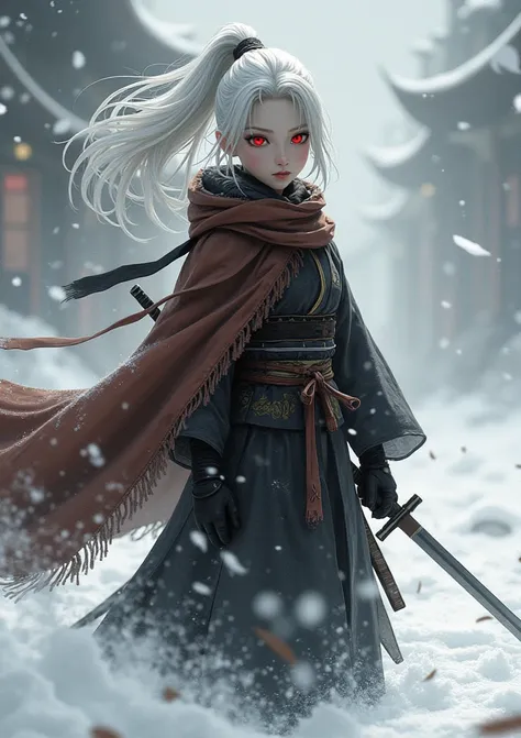   has white hair and red eyes　The Traveling Samurai Girl  　  black and white kimono　  brown cloak　 Brown scarf　  I have a sword　In a snowstorm　  ponytail　 