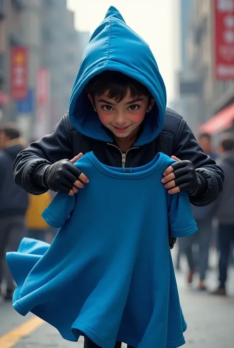 He stole a blue hoodie dress