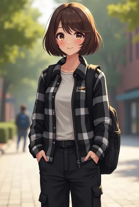 Girl, short hair, deep brown hair color, almond eyes shape, brown eyes, medium skin tone color, college, casual college outfit, black and white plaid, black cargo pants, backpack