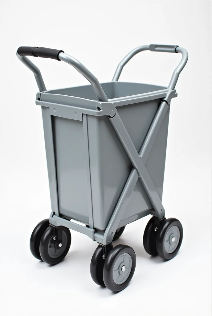 Foldable car storage trolley with ergonomic handle for use in the supermarket with a plastic basket 