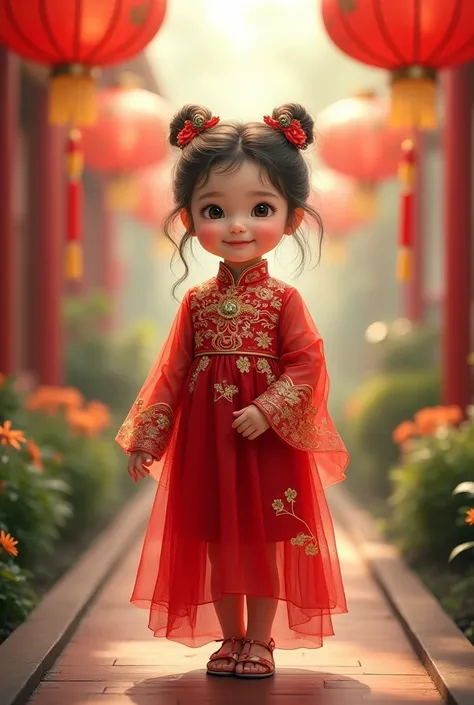 A baby girl in a red and gold traditional Chinese dress with intricate embroidery, standing in a garden decorated with red lanterns. The setting feels festive and cultural, with a calm, joyful atmosphere